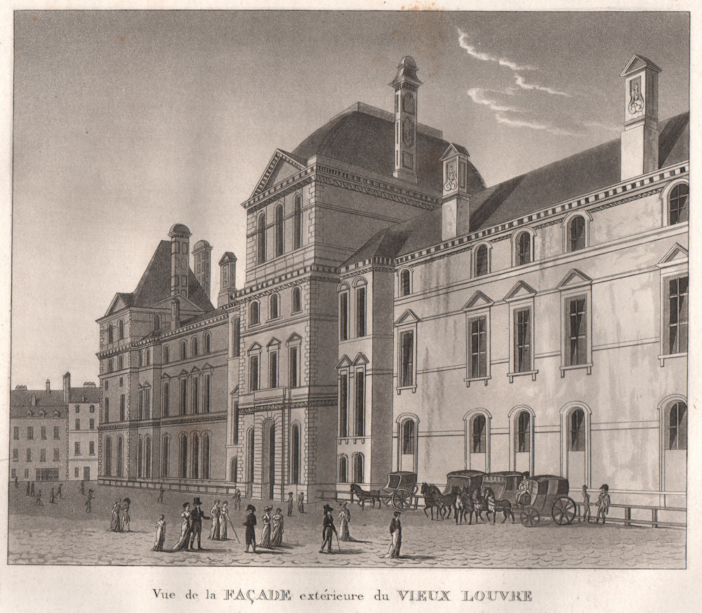 PARIS. Façade extérieure du Vieux Louvre. Aquatint 1808 old antique print
